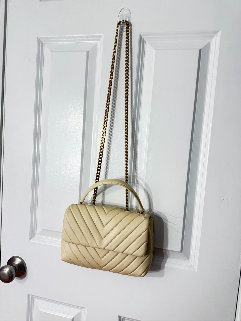Quince Cream Quilted Chevron Chain-Shoulder Bag - Picture 2 of 8